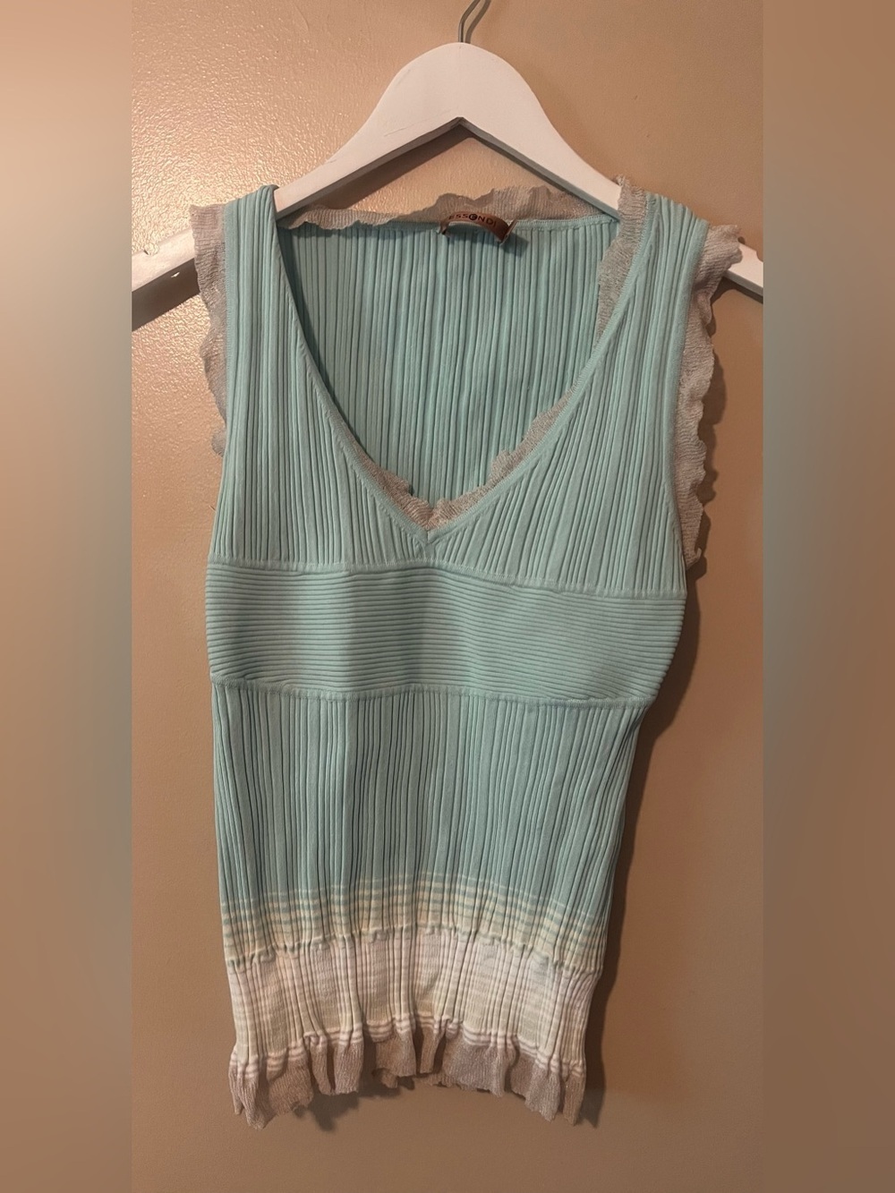 Essendi Light Aqua Ribbed V-Neck Tank with Ombre Hem silk vtg vintage 90s y2k M